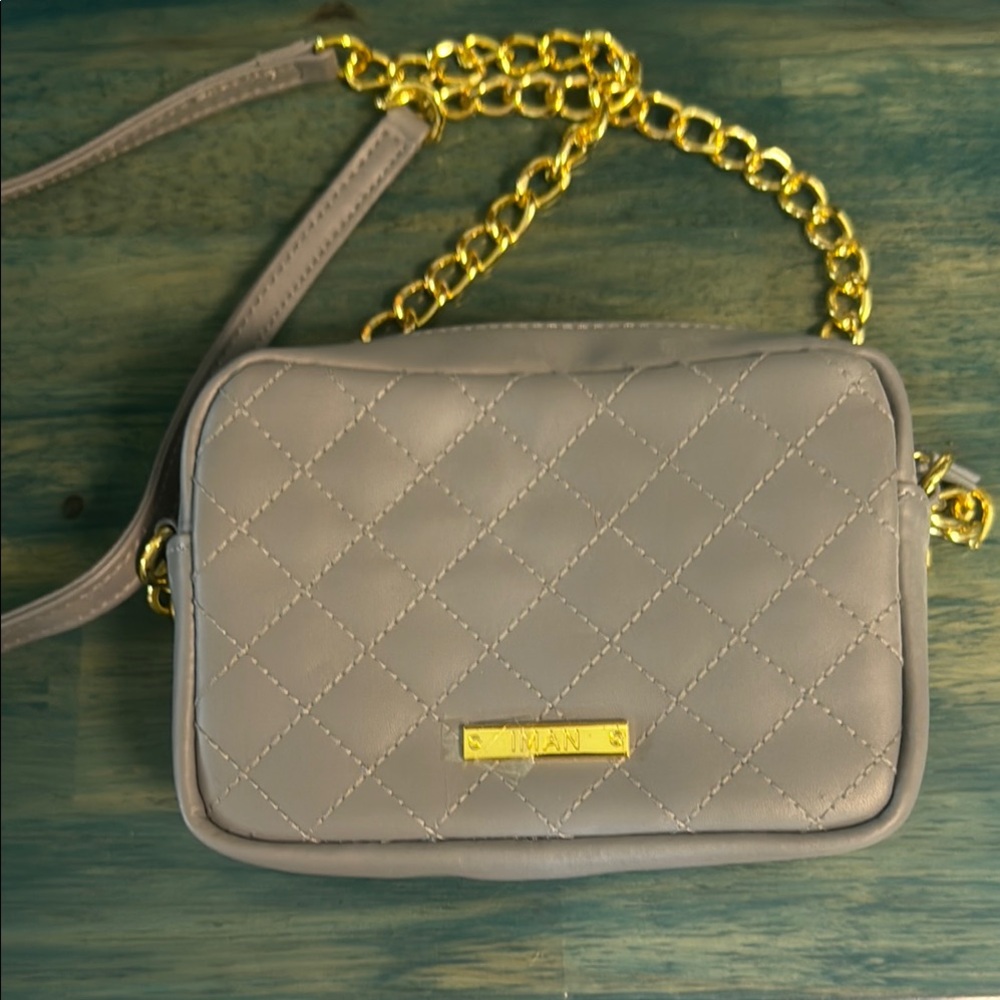 Iman Taupe Quilted Crossbody Bag with Gold Chain